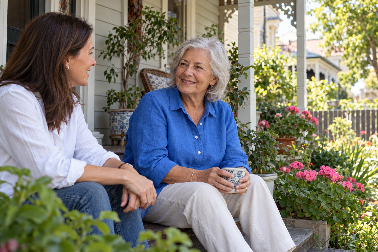 An older woman spending time with her daughter on a leafy verandah